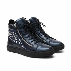 Giuseppe Zanotti Studded Leather Sneaker Mens EU 44 Black Zip Italy US 11 New
